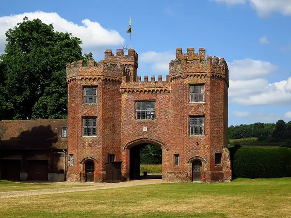 Tudor brick gatehouse with battlemented towers at Lullingstone Castle, Eynsford