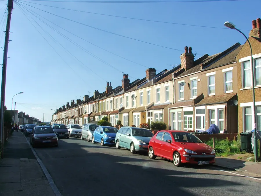 Fulwich Road in Dartford, a long row of Victorian terraced houses with slate and tiled roofs and brick chimney stacks