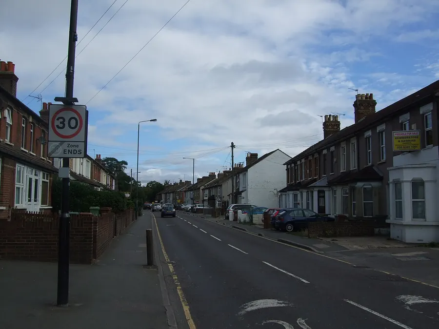 Victorian terraced houses with chimneys along Bourne Road, Old Bexley