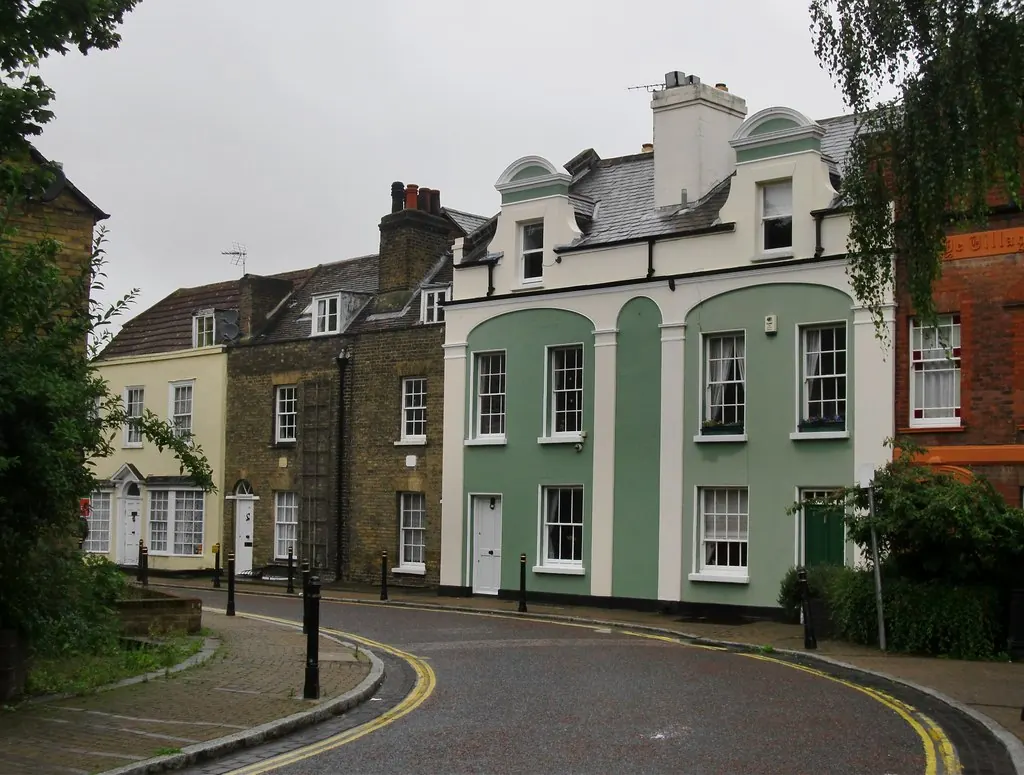 Georgian and Victorian houses with slate roofs and chimneys at the eastern end of Greenhithe High Street